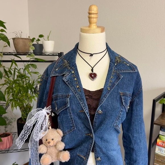 Vintage‎ Y2K Adolfo Jeans Fairy Beaded Embroidered Denim Jacket Womens Large - Picture 2 of 7